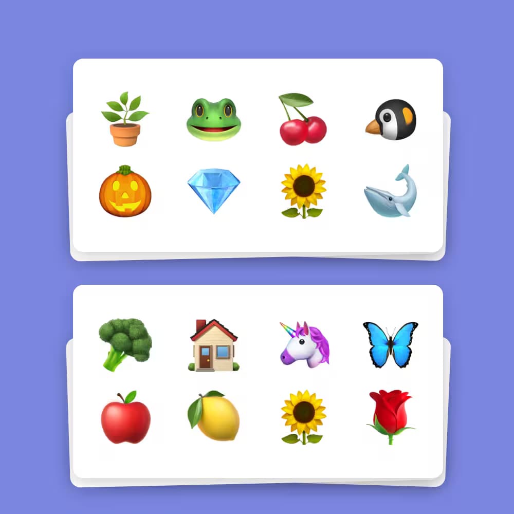 Two stacks of seeble cards with emojis on them